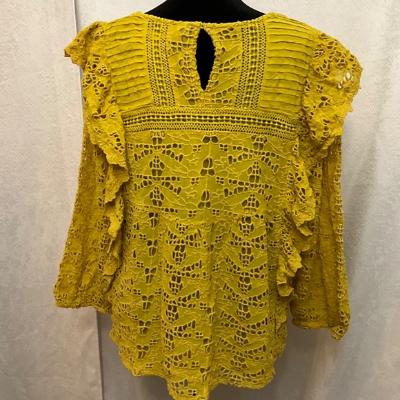 Anthropologie Yellow Lace Ruffle Blouse Women’s 14 Boho Chic Crochet Eyelet Top - Picture 3 of 12